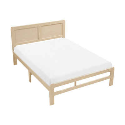 Structure de grand lit plateforme avec esthétique contemporaine et finition naturelle, tête de lit, rails à lattes pour rails de finition de chambre à coucher, agrafe