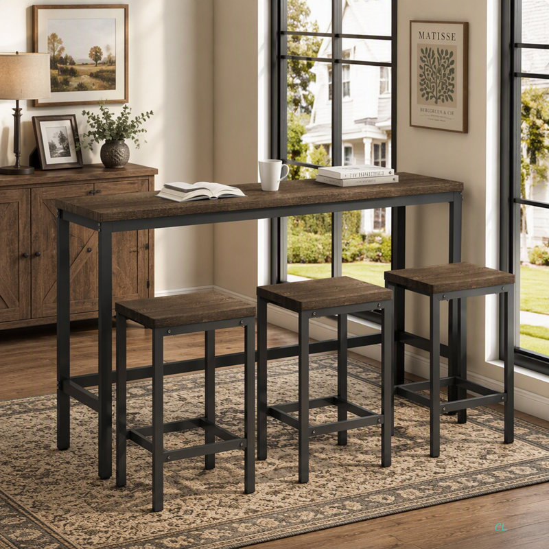 Modern Design Kitchen Dining Table,Pub Table,Long Dining Table Set With 3 Stools,Easy Assembly