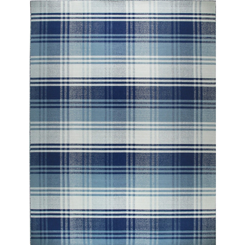 Blue Handwoven Wool Plaid Weave Geometric Modern Contemporary Carpet Rug, 10' x 14'