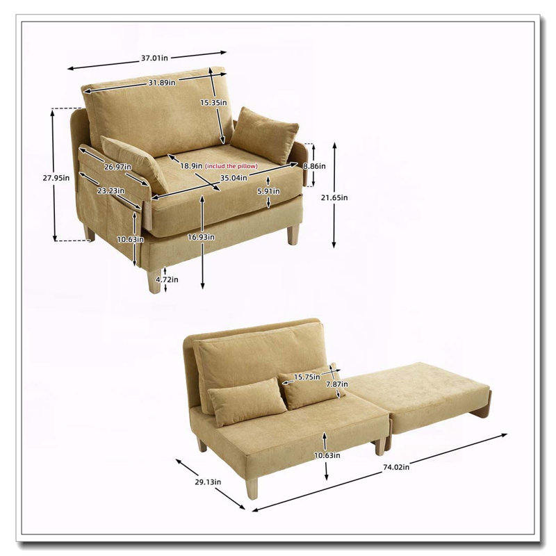 Chenille Upholstered Convertible Chair, Mustard yellow