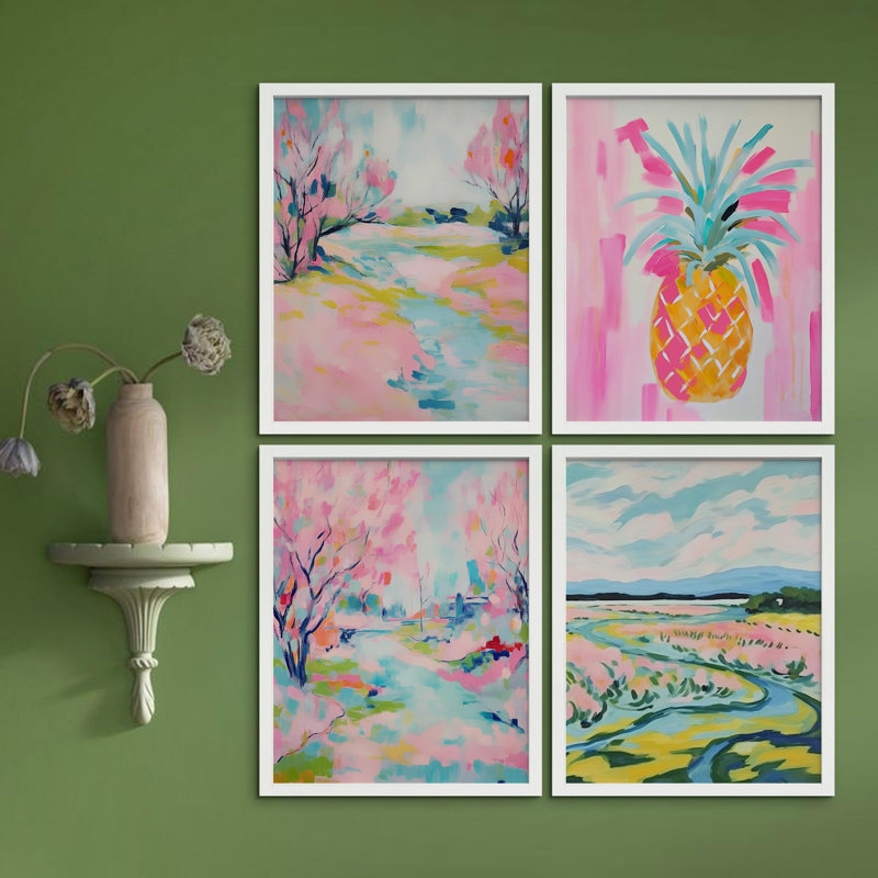 «Vibrant Landscape And Pineapple Colorful», impression sur papier encadrée de 4 pièces, Blanc, H 10 po x l 8 po