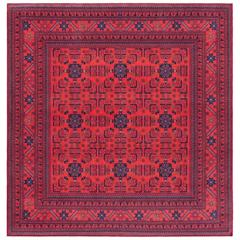 Wynna Orlando Felt/Velvet/Laminated Film Machine Washable Southwestern Rug in Red/Black, Square 6'7"