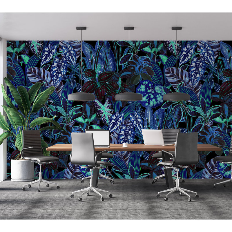 Adhésif mural botanique pelez et collez Odion - Jardin bleu nuit, L 120 po x l 180 po