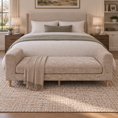 Contemporary Textured Chenille Upholstered Daybed Bench with Armrests Two Bolster Pillows and Rubberwood Legs for Living Room Bedroom Apartment and Guest Room