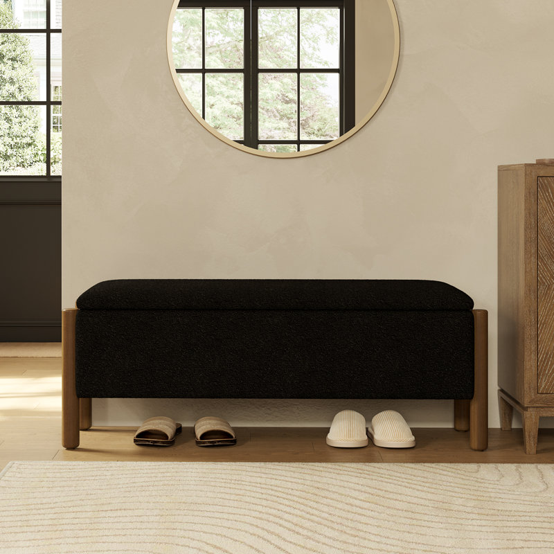 Banc de rangement rembourré moderne de 47 po avec pieds en bois de noyer, Noir
