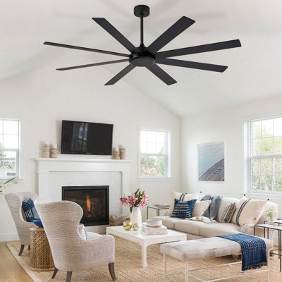 66" Large Ceiling Fans with Remote Control, Black Indoor Outdoor Ceiling Fan for Patios Living Room , 8 Blades Timer Reversible Quiet DC Motor 6 Speeds