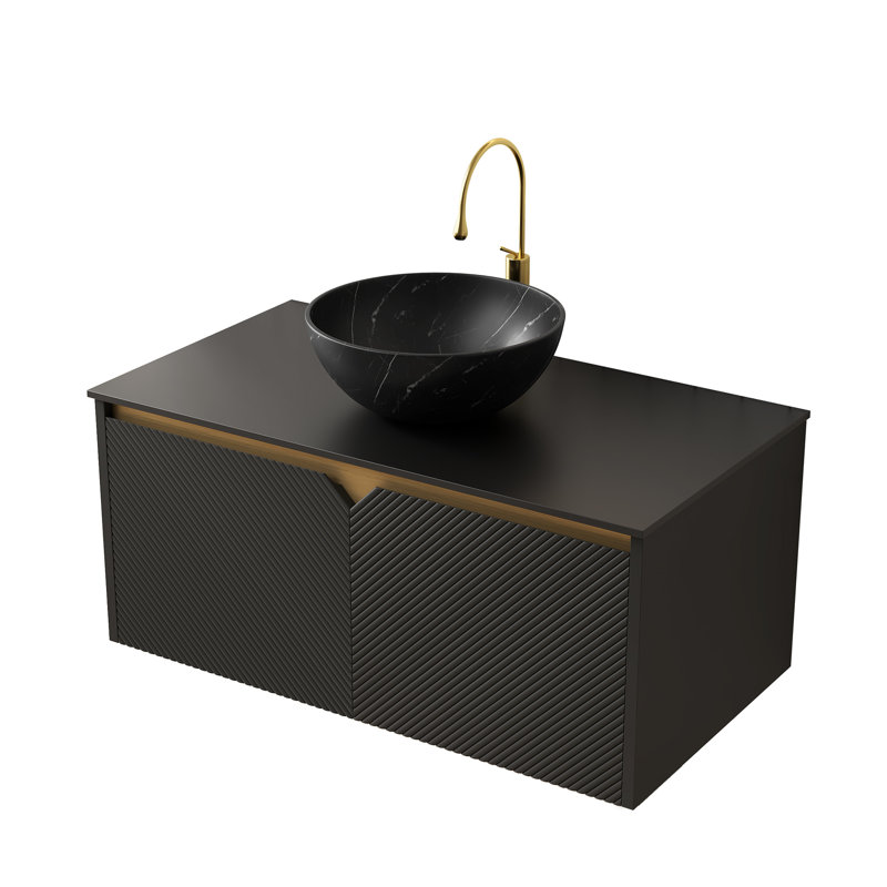 Meuble de salle de bain mural en contreplaqué avec comptoir en pierre frittée noire de 91 cm (36 po), sans lavabo ni robinetterie, structure stable.