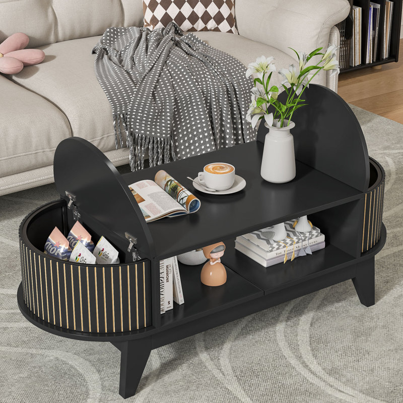 Black Oval MDF Coffee Table with Fluted Storage