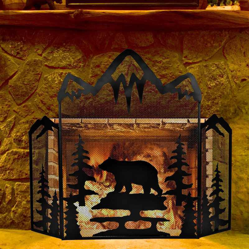 Pare-étincelles en métal rustique 3 panneaux Majestic Mountain Bear Design