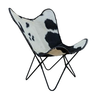 Butterfly Chair MILO In Visually Striking Black & White Cowhide by Gracie Oaks