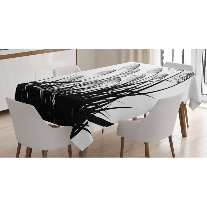Black And White Tablecloth, Silhouette Of Bushes Wild Plants Wheat Field Twiggy Herbs Seasonal Picture, Rectangular Table Cover For Dining Room Kitchen Decor, 52" X 70", White Black