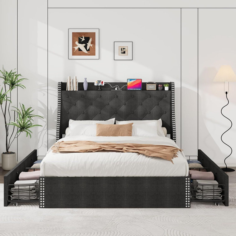 Structure de lit avec 4 tiroirs de rangement, avec ports Type-C et USB, gris, Double