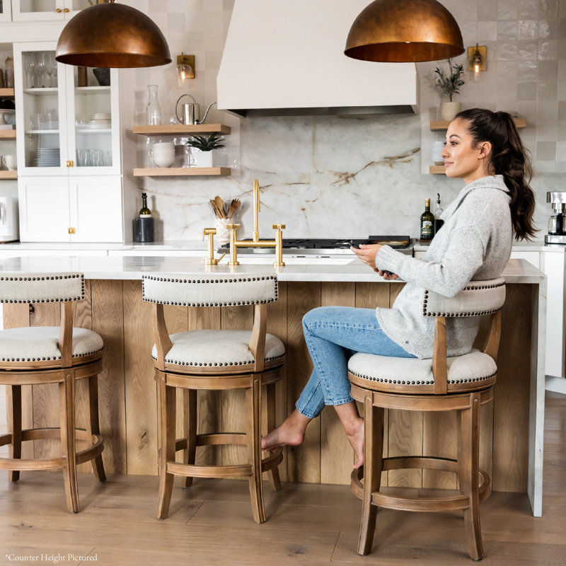 Maven Lane Alexander Stool with Fabric Upholstery, Weathered Oak, Bar Stool (31" Seat Height)