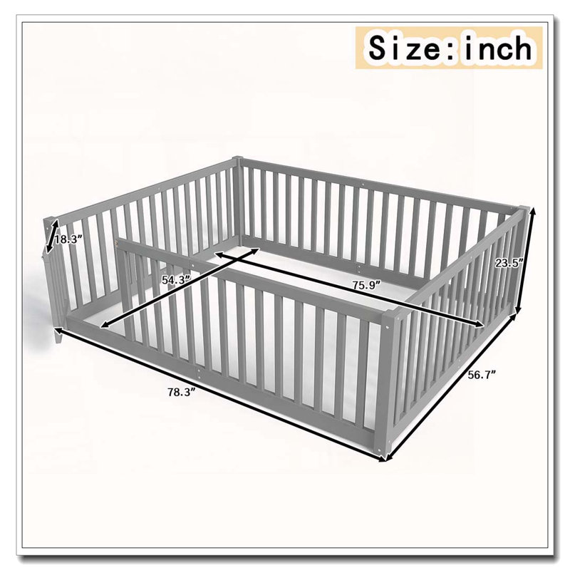 Bed Floor Bed with Safety Guardrails and Door, Lit double, Gris