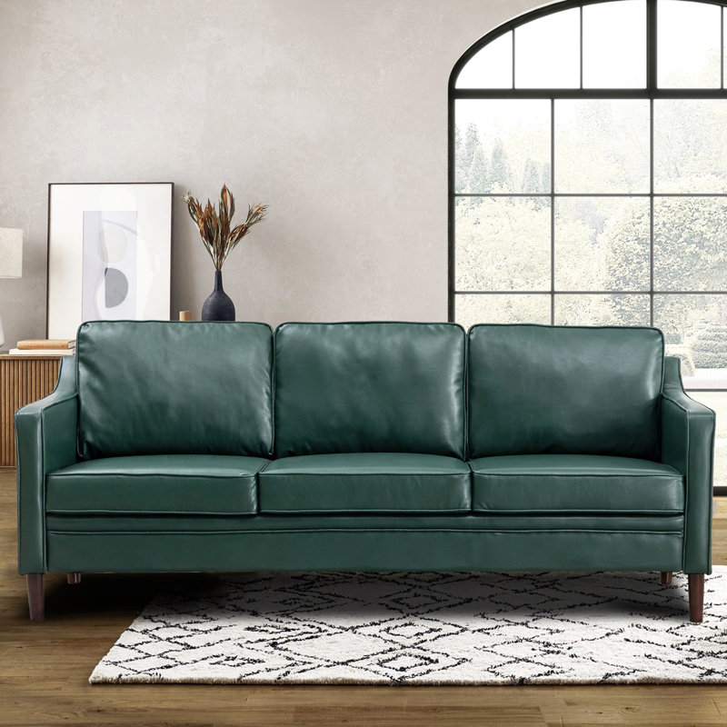  Jannae 80" Vegan Faux Leather Upholstered Square Arm Sofa, Jannae Dark Green Faux Leather