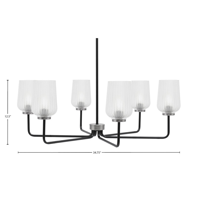 Lustre 6 lumières Amarmula, noir mat et finition graphite, verre texturé transparent de 5 po, Clair, Noir / nickel