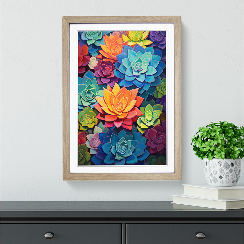 Succulent Abstract - Single Picture Frame Print on Wood, 34cm H x 25cm W x 2cm D, Oak