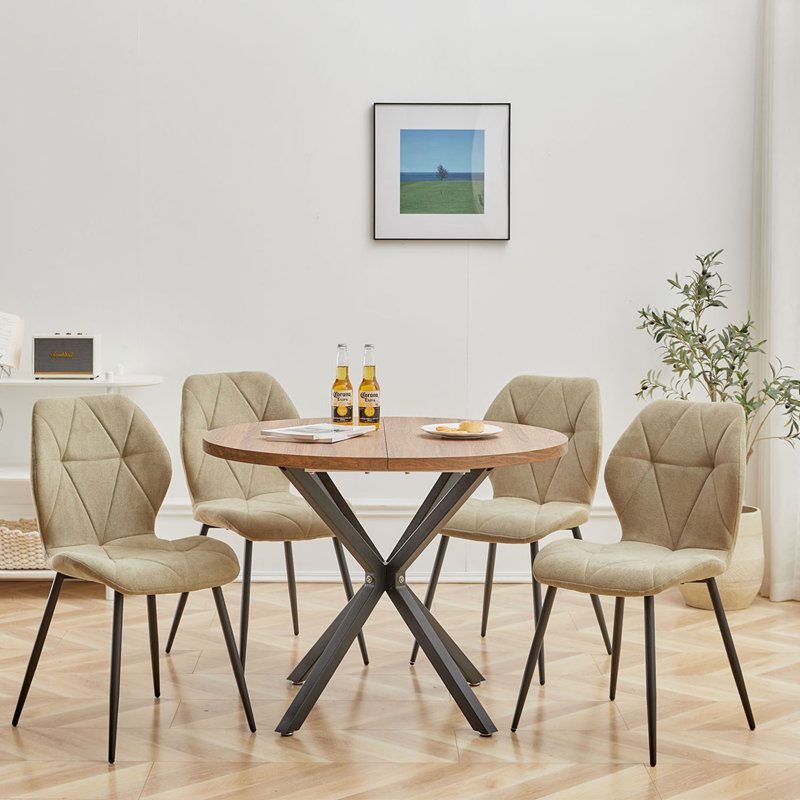 Modern Simple Round Solid Wood Dining Table Set - Set Of 4 Diamond Pattern Velvet Dining Chairs - Metal Legs - For Living Room/Bedroom