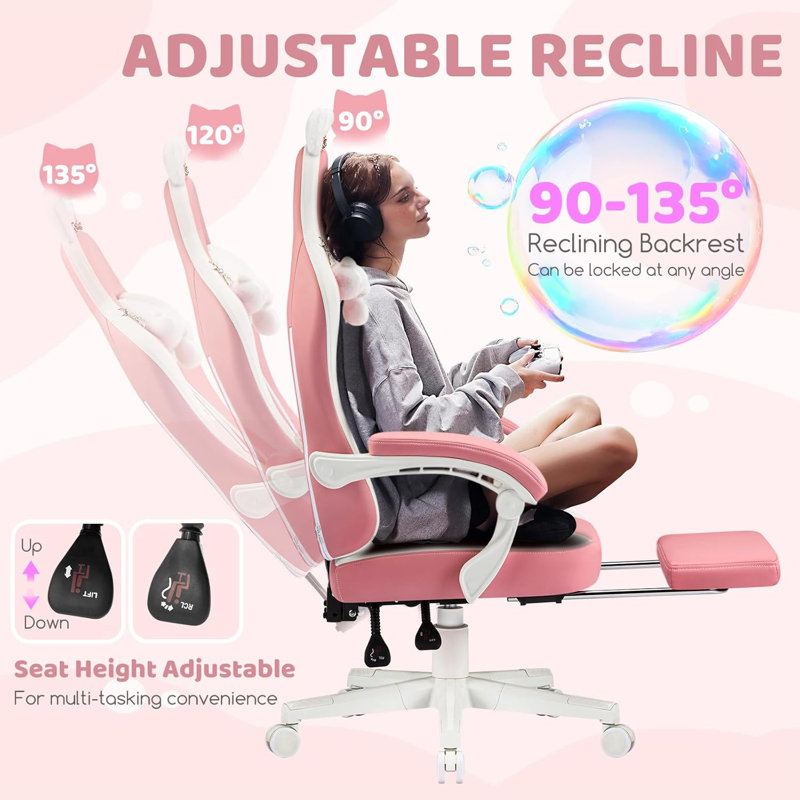 Gaming Chair Cute with Cat Ears & Ringing Accessories and  Lumbar Support, Ergonomic Computer Chair for Girl with Footrest  Headrest & Padded Arms