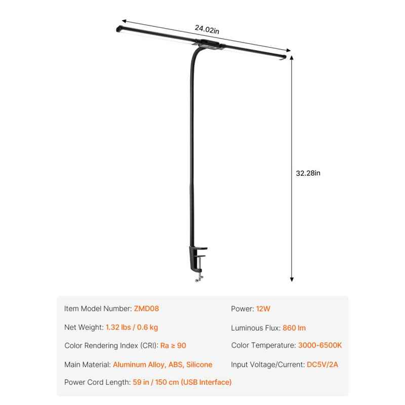 Desk Lamp with Clamp Double Head Desk Lamp with 360° Adjustable Gooseneck