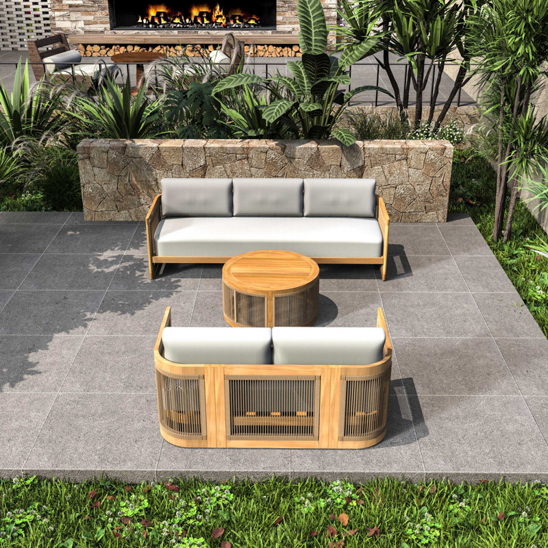 Guzal 3 - Piece Acacia Wood Patio Outdoor Conversation Set With Cream Cushions