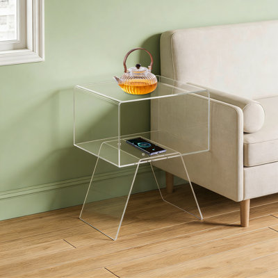 Double Tier Acrylic Side Table Clear Octagonal Support Leg Modern 2 Tier Freestanding End Table Rounded Corners Nightstand for Living Room Bedroom Office
