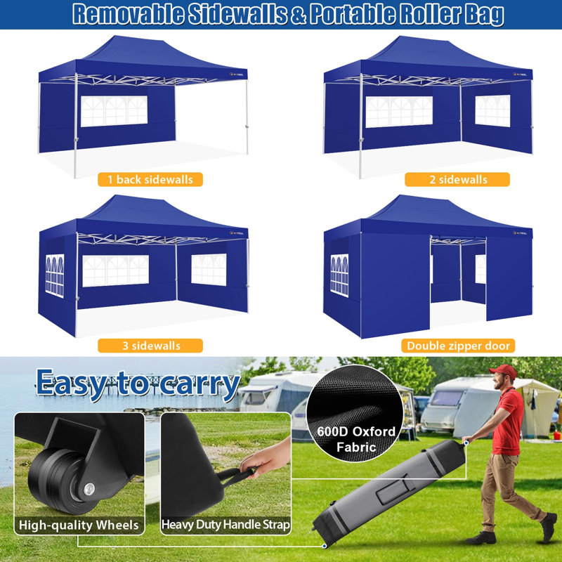 10'x15' Commercial-Grade Pop-Up Canopy Tent - UPF50+ Waterproof with Removable Walls & Wheeled Bag for Weddings, Carports
