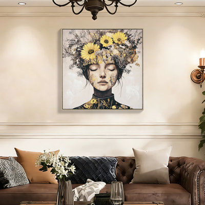 24X24 Inch Canvas Wall Art Featuring Beauty Lady And Gold Flowers, Waterproof, Fade - , For Volunteers Of Lady, White Floral Accents, Printing, Solid Wood Frame