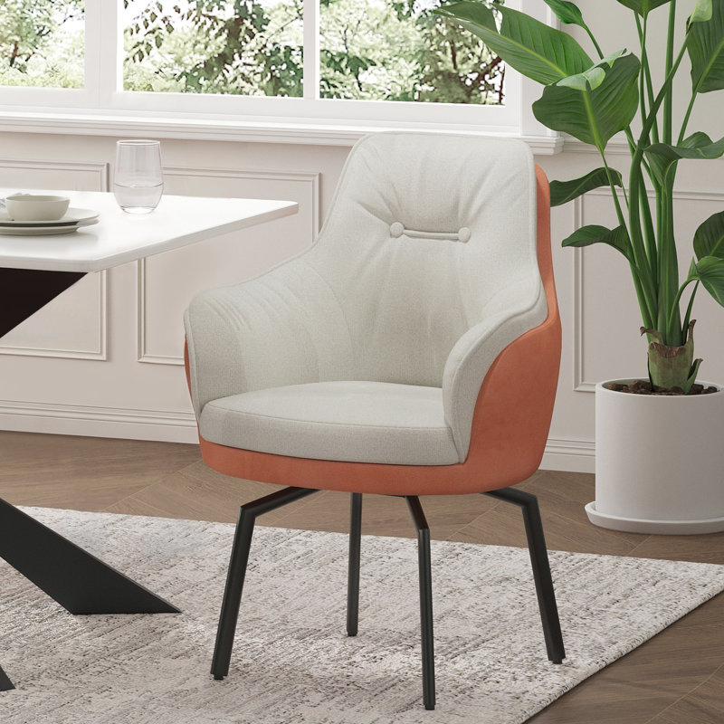 17.7"H Modern Two-Tone Upholstered Swivel Dining Armchair, White/Orange