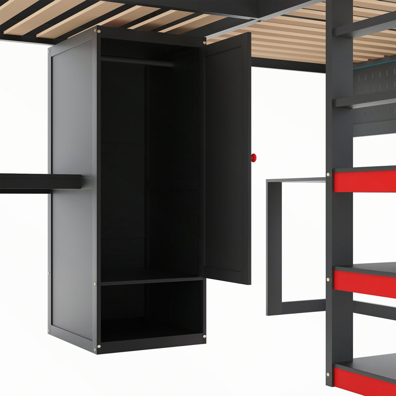 Lit mezzanine de jeu en forme de L avec lumières DEL multicolores et ports USB, Noir et rouge