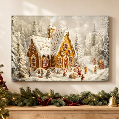 Gingerbread House Village - Sweet Holiday Bakery Wall Art, 24" H x 36" W Wrapped Canvas Print, Ready to Hang for Dining Room, Kitchen or Living Room