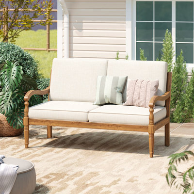Outdoor Acacia Wood Loveseat With Cushions,Natural Finish With Beige Fabric