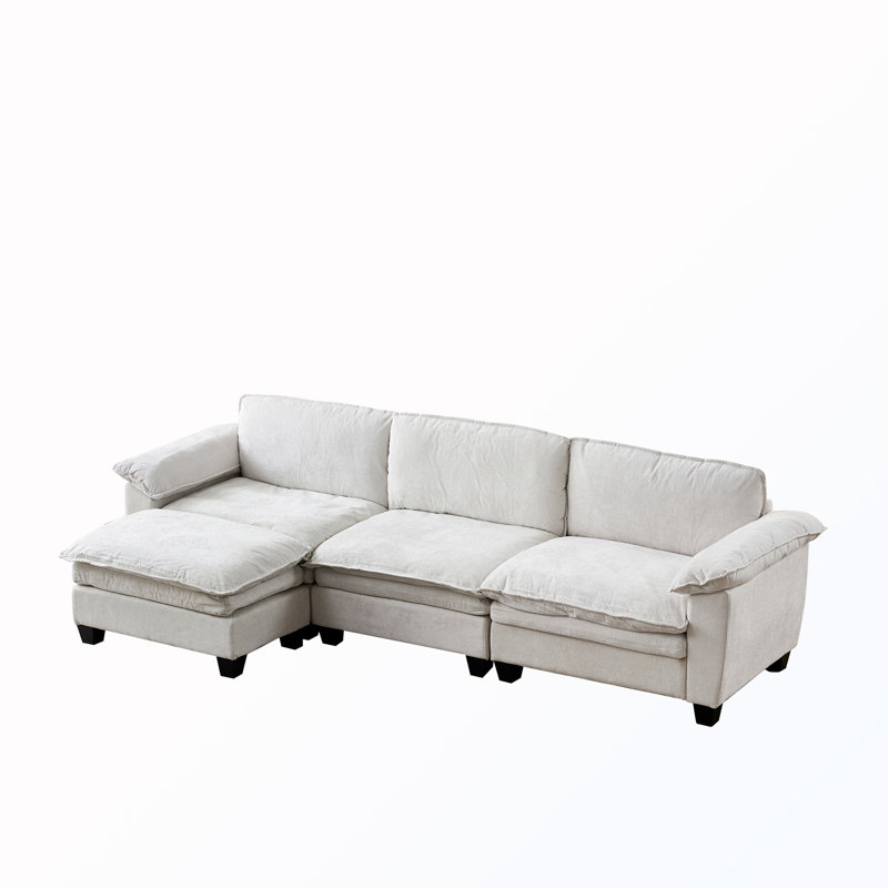 L-Shaped Sectional Sofa With Ottoman, Beige Chenille
