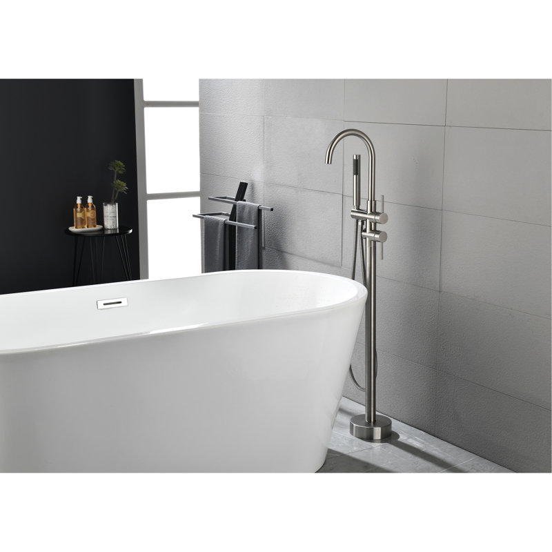 Tub Filler With Handheld Shower And Wear- Feature Water Temperature Controller, Silver