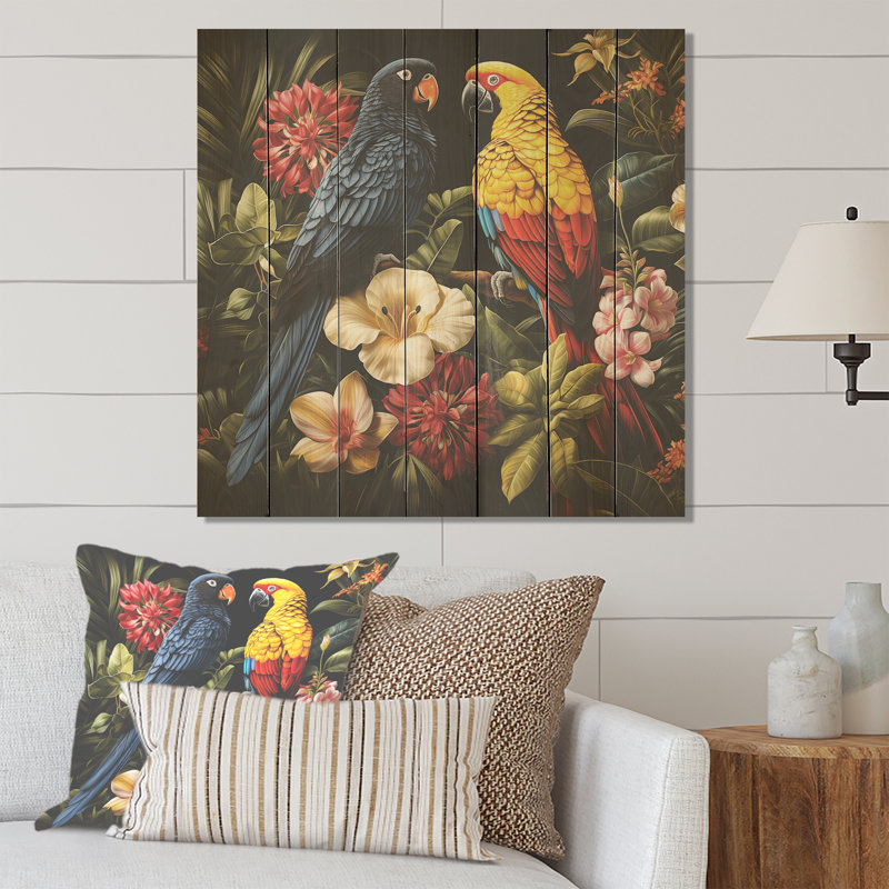 Perroquets tropicaux jaunes et bleus - perroquet sur bois, H 15 po x l 15 po