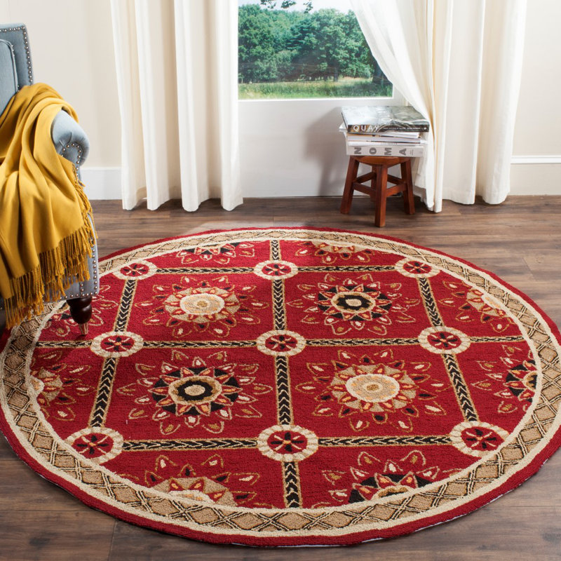 Tapis beige/noir/blanc/rouge noué à la main Noham, Rond 8 pi
