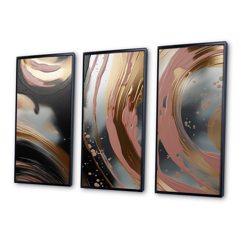 Abstrait, or et rose, encre liquide, cercles I - encre liquide abstraite, art mural, Cadre flottant noir