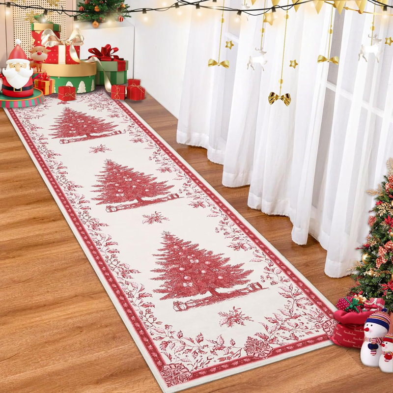 Christmas Tree Print Non-Slip Indoor Rug – Washable Soft Holiday Doormat for Entryway, Kitchen, Bathroom, Bedside -Thin Red Carpet