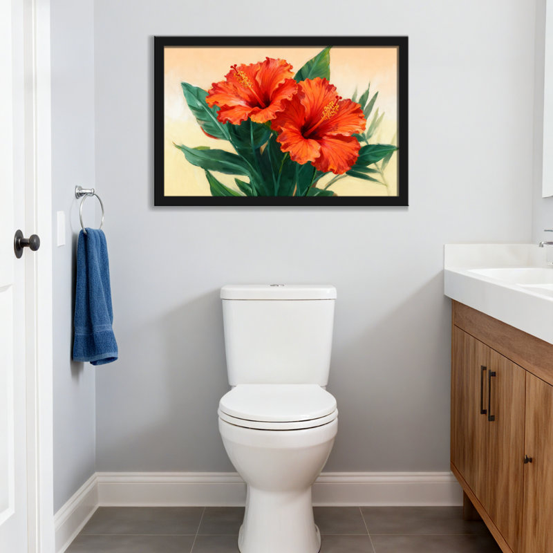Plantes et fleurs d'hibiscus orange vif avec feuilles vertes, H 12 po x l 18 po, Toile tendue, Ne s’applique pas
