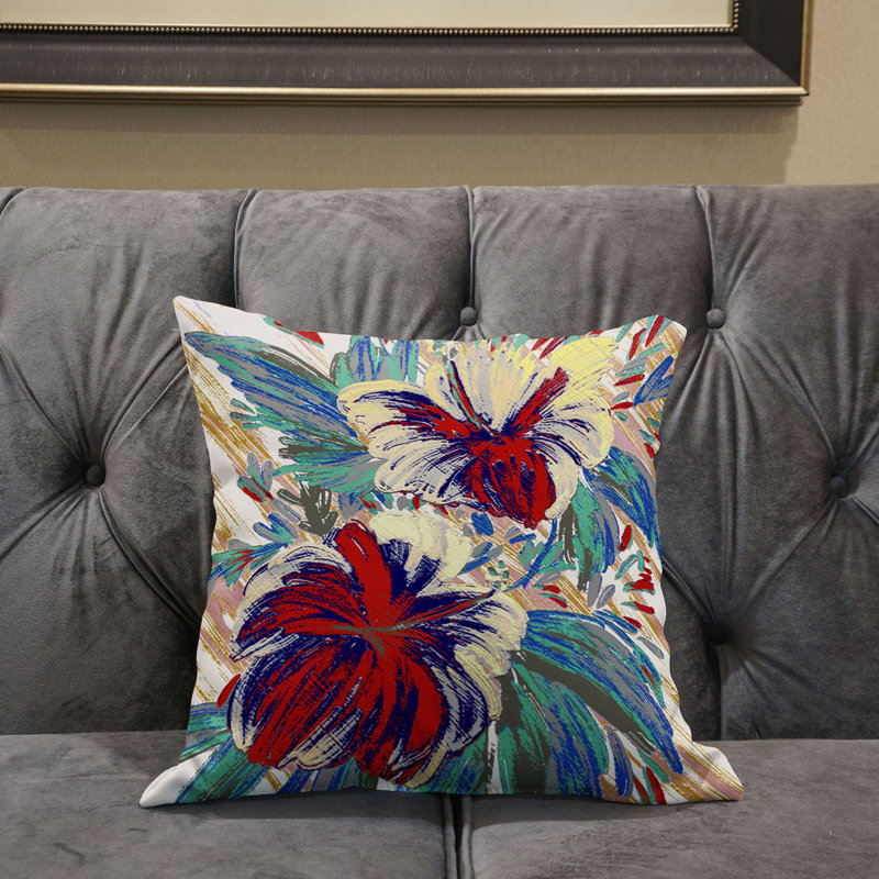  Housse et insert de coussin carré en polyester intérieur / extérieur, 18 po x 18 po, Blanc / Bleu / Rouge