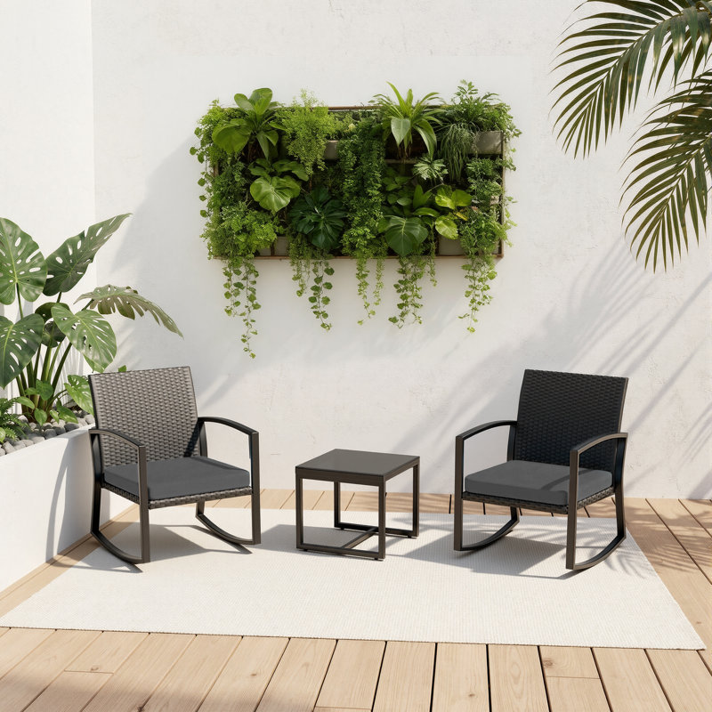 Rocking Patio Bistro Sets - All-Weather - 3 Piece Wicker Outdoor Front Porch Chair, Rattan Conversation Furniture Set for Balcony, Porch, Garden, Yard, Poolside,Blue