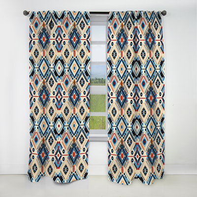 Rideau occultant en velours à motif géométrique beige et bleu Tribal Essence