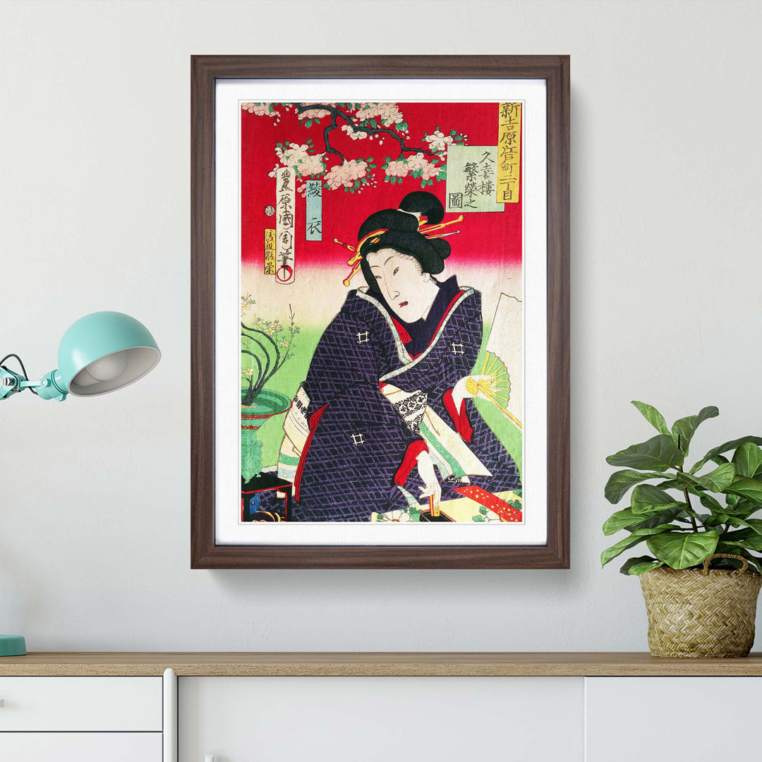 A Lady with a Fan by Toyohara Kunichika - Framed Print