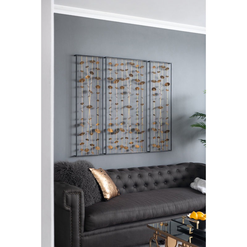 Ensemble de 3 décorations murales en métal avec cadre noir - doré captivant, fer pour les espaces de vie, 3 pièces décoratives dorées, intérieur robuste