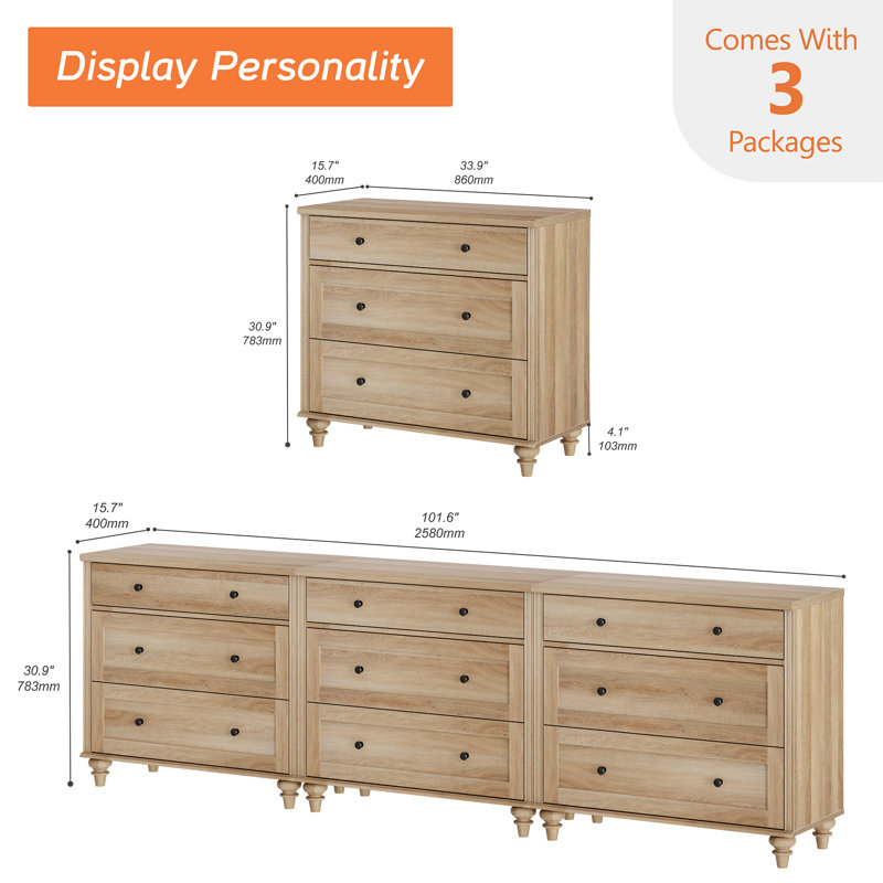 Scarlett Oak Dressers With 9 Wide Chest Of Drawers, Large Wood Dressers For Living Room, Nursery, Hallway