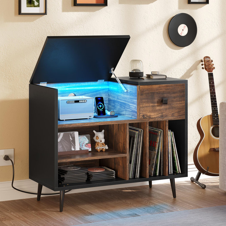 Millwood Pines Record Player Stand with LED Lights, Large Vinyl Record  Storage Cabinet with Power Outlet
