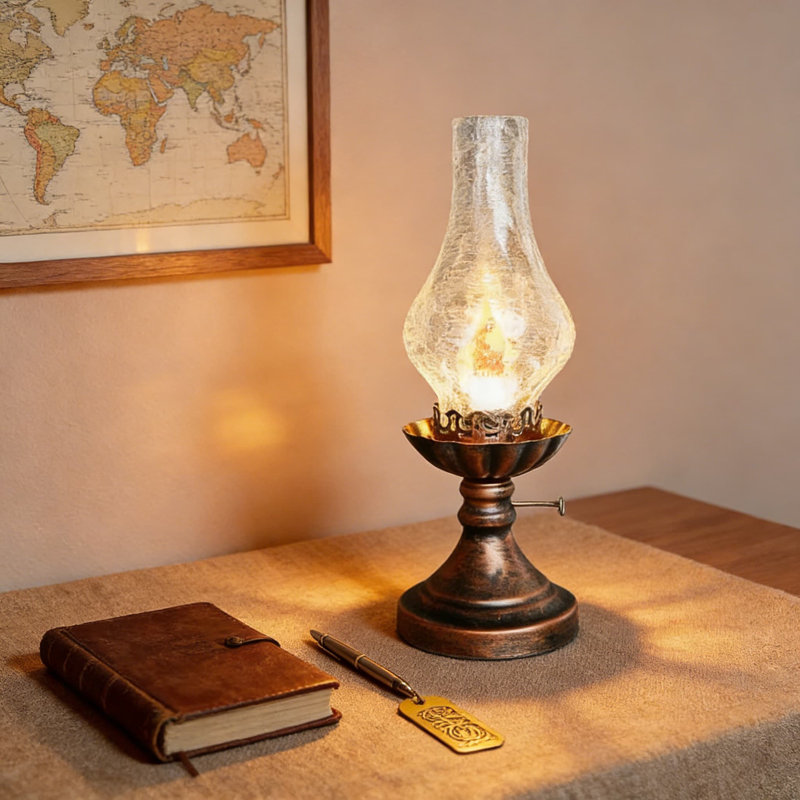 Lampe de table rétro avec abat-jour en verre craquelé - ampoule à effet de flamme à intensité variable 3 modes, design rustique victorien antique pour la chambre à coucher, le salon et le bureau