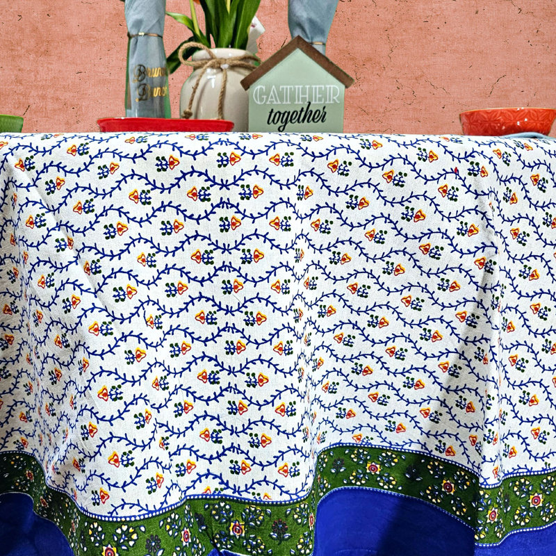 Cotton Floral Vine Round Tablecloth Gold Red Table Linen, 60" x 60", Blue/Green