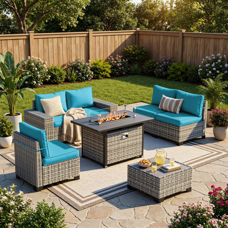 7-Piece HDPE Wicker Patio Sectional Set With Fire Pit Table, Cushioned Outdoor Conversation Set, Turquoise Blue