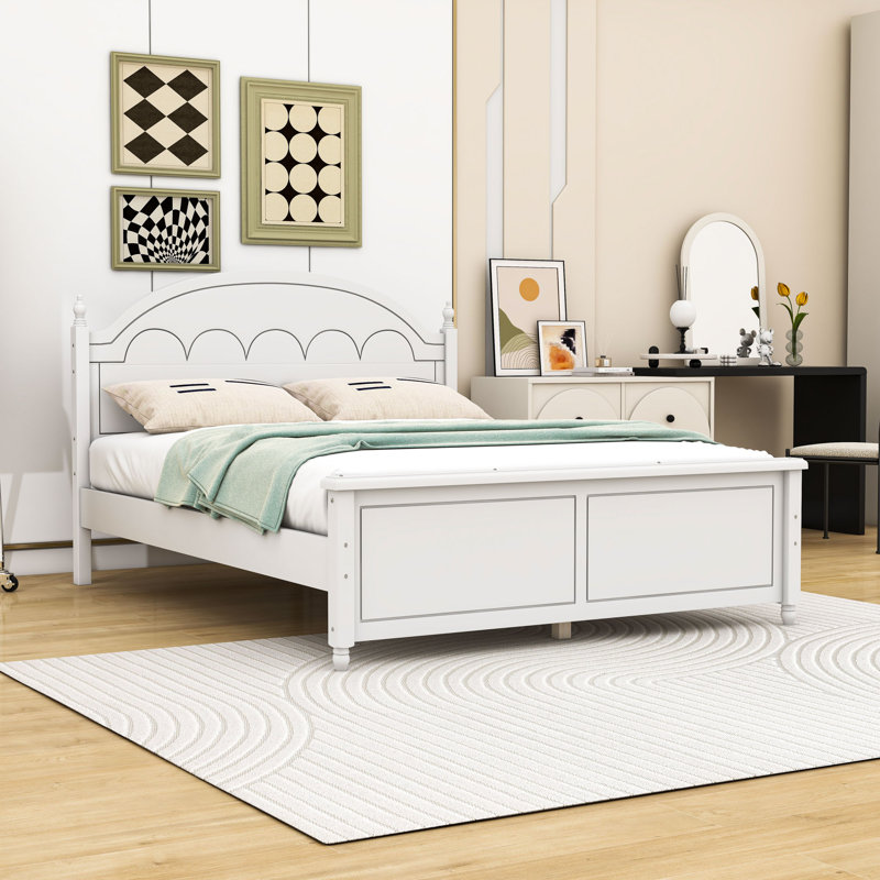 Lit plateforme élégant en bois avec tête de lit arquée, Blanc, Grand
